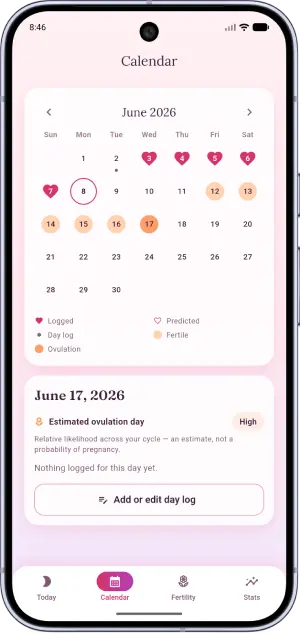 Lunella calendar for June with heart-marked period days, fertile and ovulation days, and a tapped day showing the estimated ovulation day.