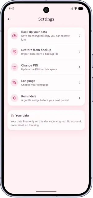Lunella settings: back up your data, restore, change PIN, language and reminders, with a note that data stays on the device.