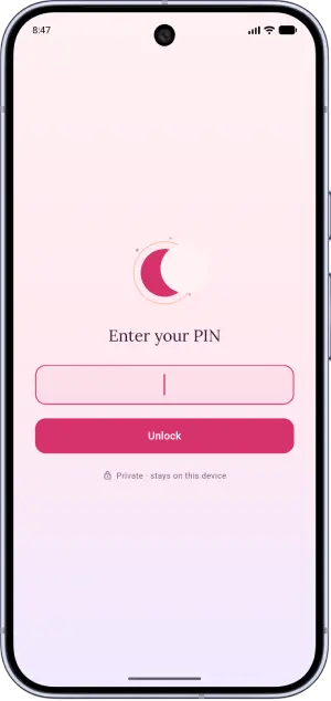 Lunella lock screen with PIN entry and the note ‘Private — stays on this device’.